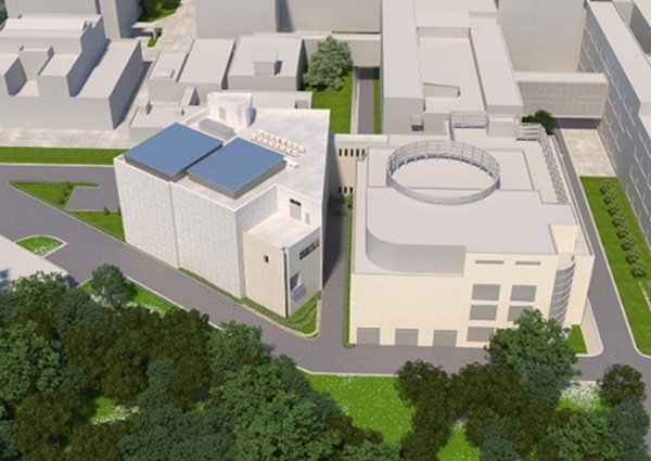 竣工示意圖：新質(zhì)子線治療設(shè)施（左）·原有質(zhì)子線治療設(shè)施（右）